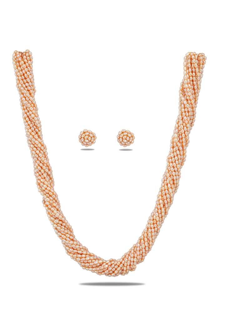16 Strand Pink Rice Pearl Necklace and Earrings Set