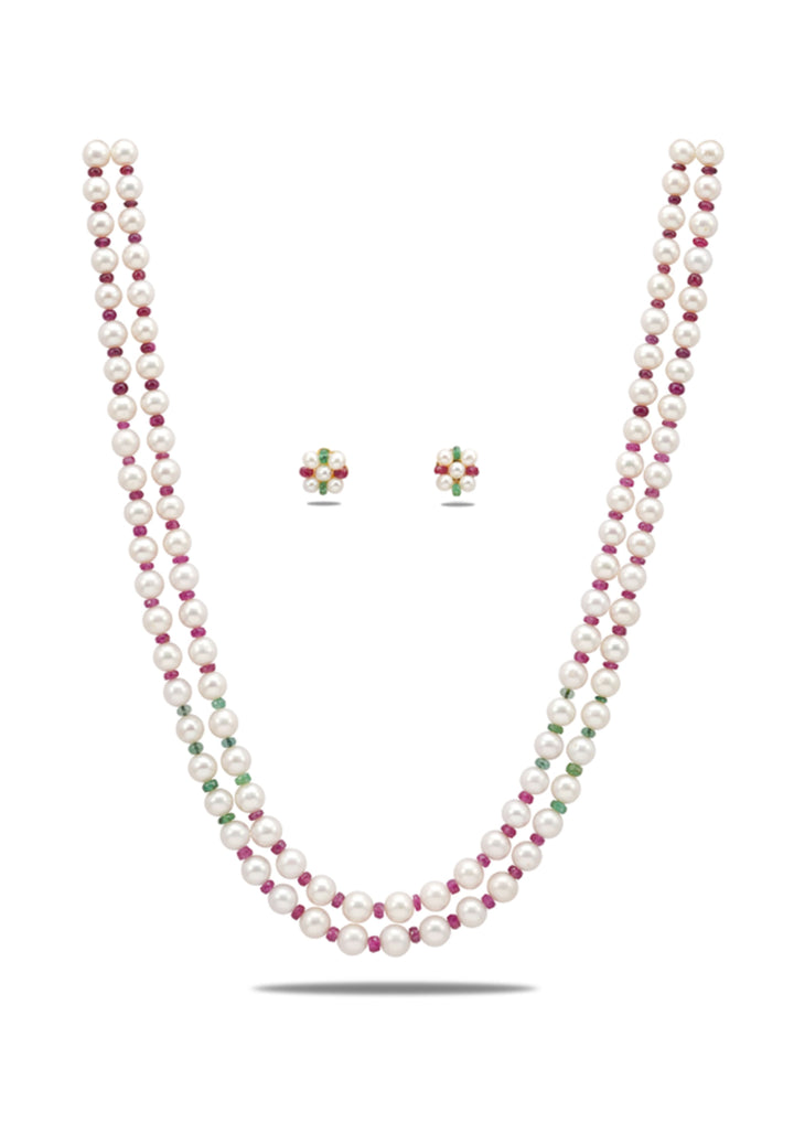 Two Strand Real Pearls Necklace and Earrings with Interlaced Dainty Real Rubies and Emeralds