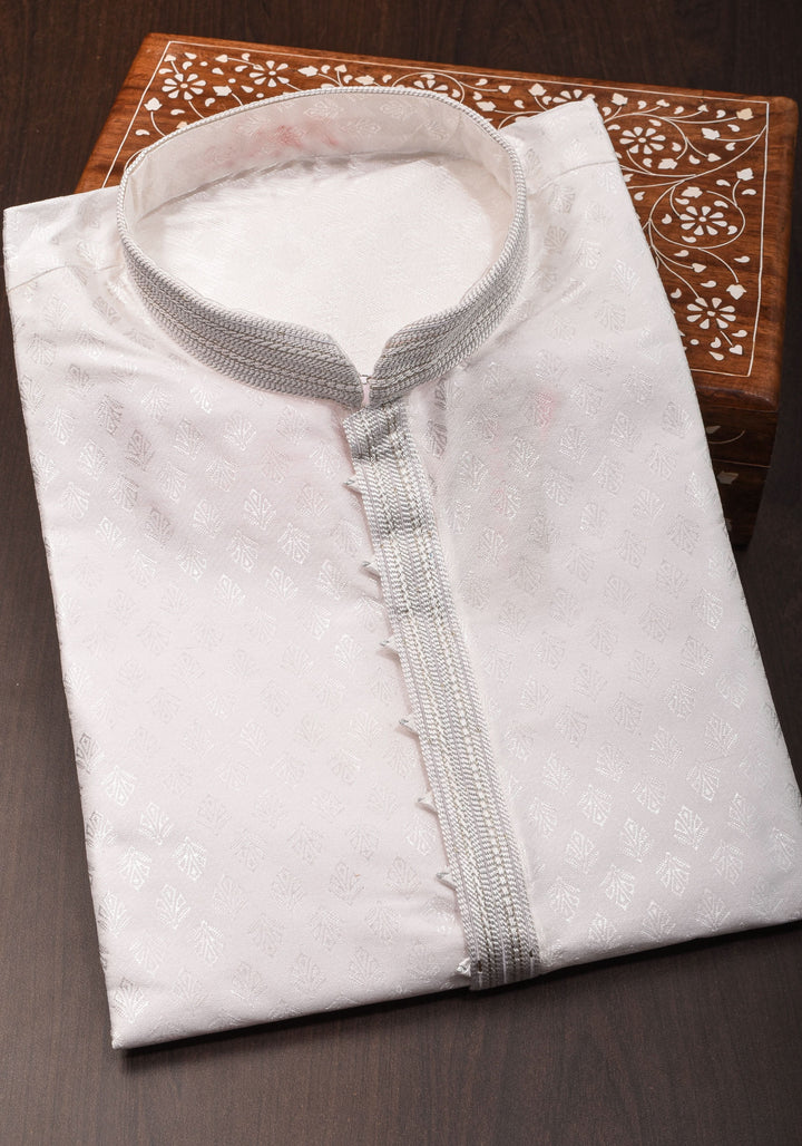 Self weave Kurta Pajama Set for Men in White, Multiple Size | Ethnic Menswear by Shobitam
