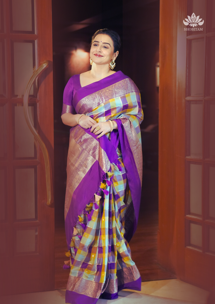 Exquisite Vidya Balan Checks Banarasi Silk Saree with Buttas and Kanjivaram Style Borders | SILK MARK CERTIFIED