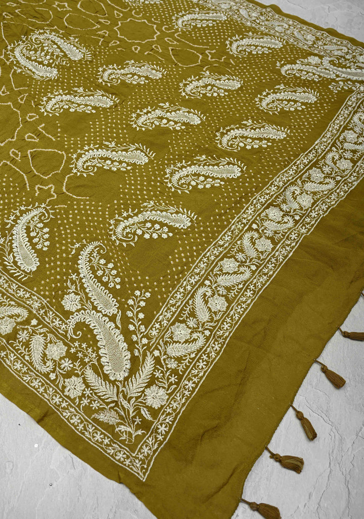 Olive Green Pure Silk Georgette Saree with  Sarkam Bandhej and Chikankai Style Machine Embroidered Border| SILK MARK CERTIFIED