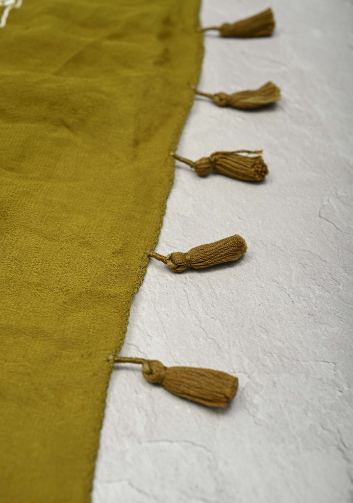 Olive Green Pure Silk Georgette Saree with  Sarkam Bandhej and Chikankai Style Machine Embroidered Border| SILK MARK CERTIFIED