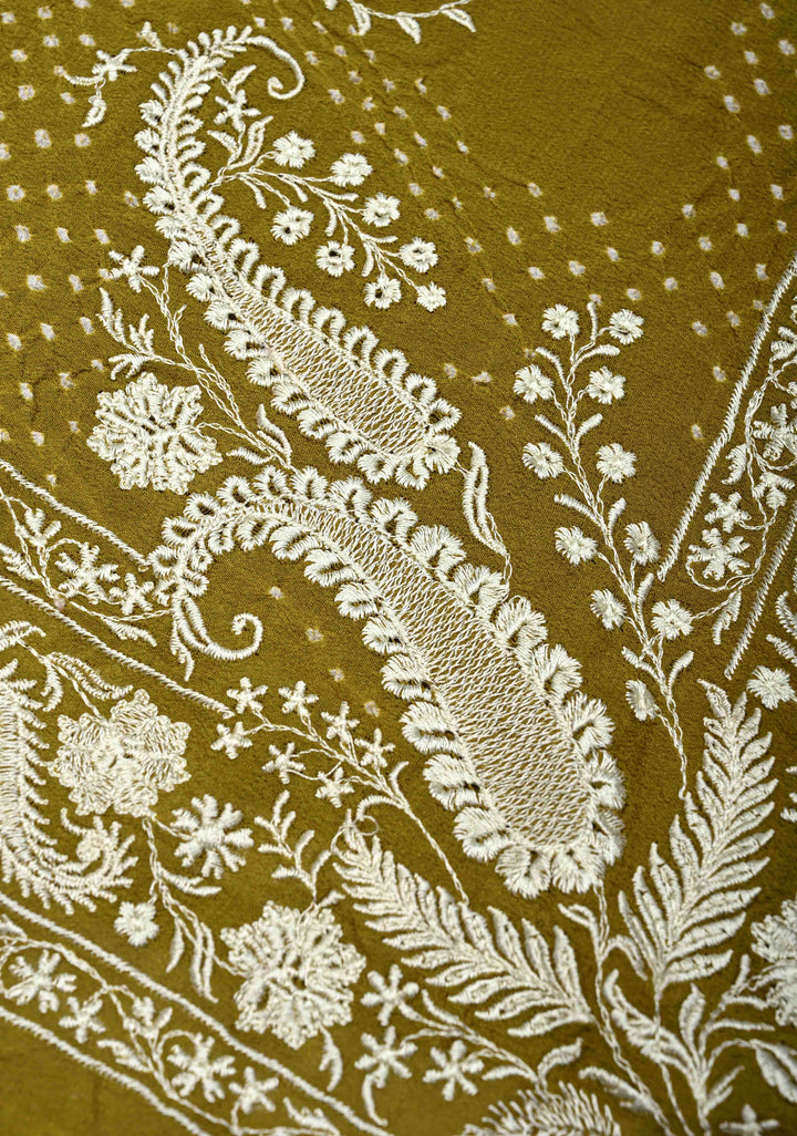 Olive Green Pure Silk Georgette Saree with  Sarkam Bandhej and Chikankai Style Machine Embroidered Border| SILK MARK CERTIFIED