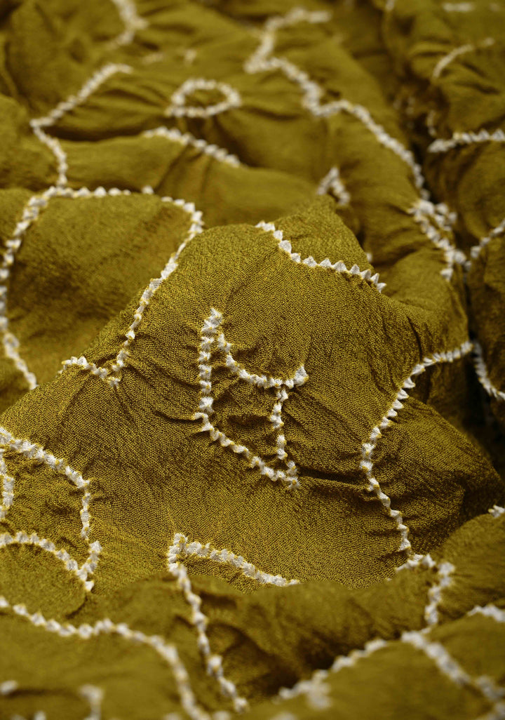 Olive Green Pure Silk Georgette Saree with  Sarkam Bandhej and Chikankai Style Machine Embroidered Border| SILK MARK CERTIFIED