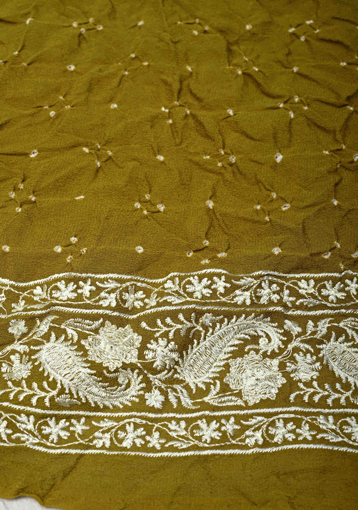 Olive Green Pure Silk Georgette Saree with  Sarkam Bandhej and Chikankai Style Machine Embroidered Border| SILK MARK CERTIFIED