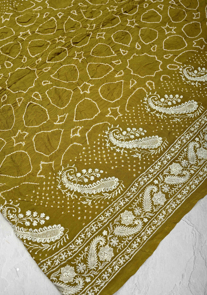 Olive Green Pure Silk Georgette Saree with  Sarkam Bandhej and Chikankai Style Machine Embroidered Border| SILK MARK CERTIFIED