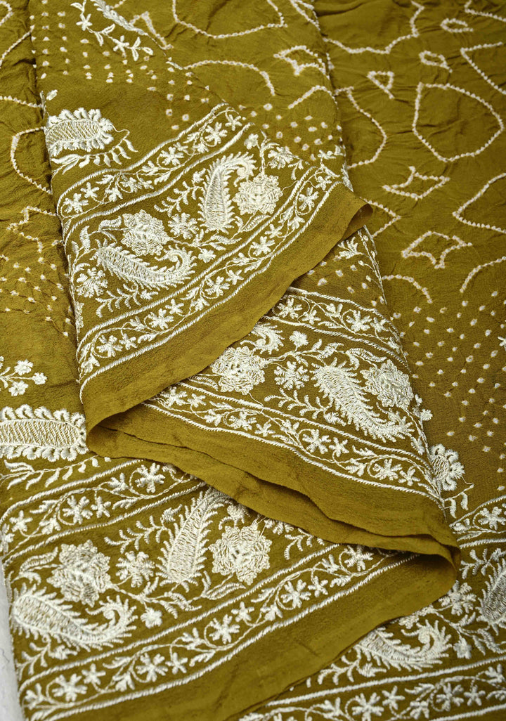 Olive Green Pure Silk Georgette Saree with  Sarkam Bandhej and Chikankai Style Machine Embroidered Border| SILK MARK CERTIFIED
