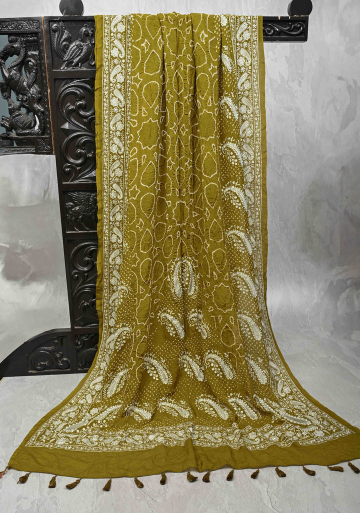 Olive Green Pure Silk Georgette Saree with  Sarkam Bandhej and Chikankai Style Machine Embroidered Border| SILK MARK CERTIFIED