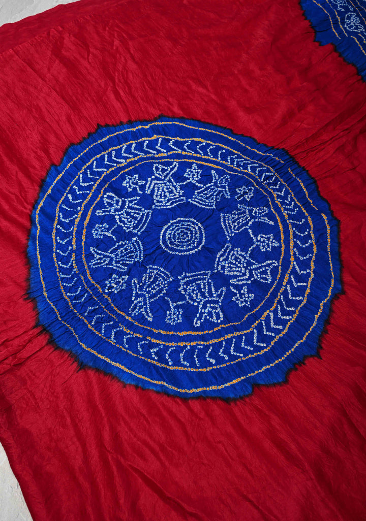Pure Gajji Silk Saree in Red with Blue Sarkam Bandhej Mandalas | SILK MARK CERTIFIED