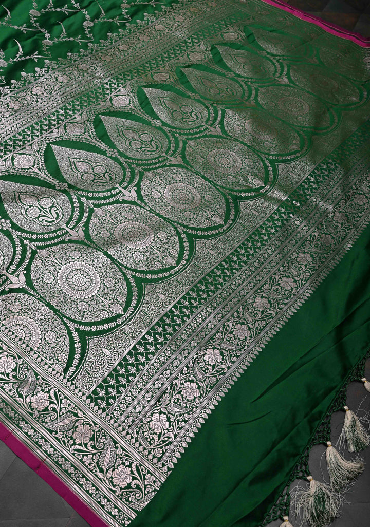 Bottle Green  Banarasi Semi Mashru Silk Saree with Floral Jaal and Zari Border