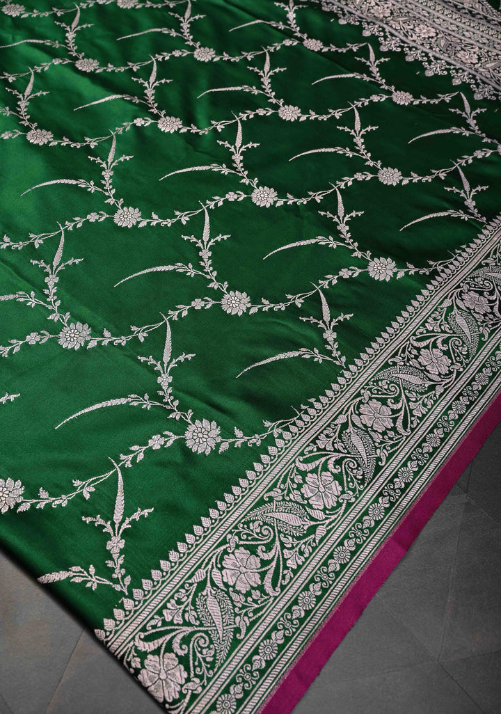 Bottle Green  Banarasi Semi Mashru Silk Saree with Floral Jaal and Zari Border