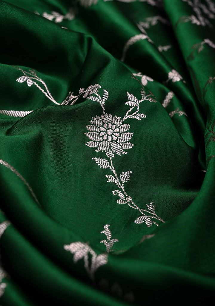 Bottle Green  Banarasi Semi Mashru Silk Saree with Floral Jaal and Zari Border