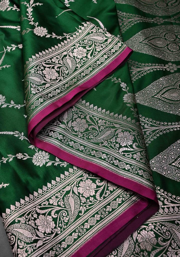 Bottle Green  Banarasi Semi Mashru Silk Saree with Floral Jaal and Zari Border