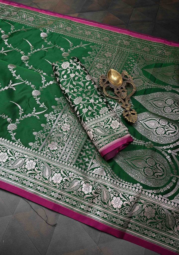 Bottle Green  Banarasi Semi Mashru Silk Saree with Floral Jaal and Zari Border