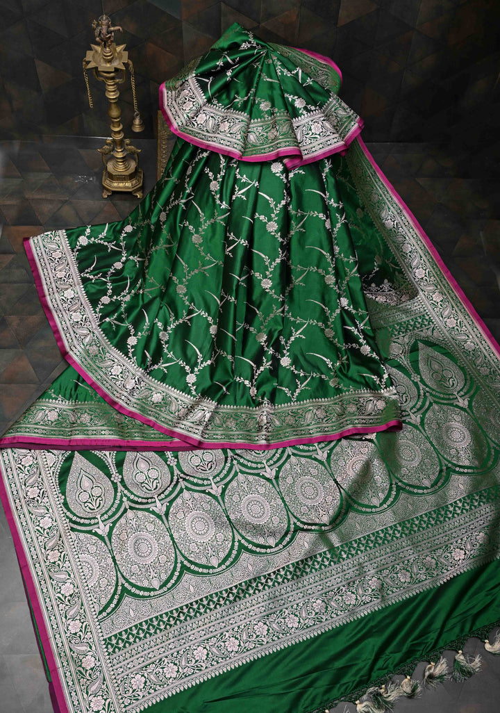 Bottle Green  Banarasi Semi Mashru Silk Saree with Floral Jaal and Zari Border