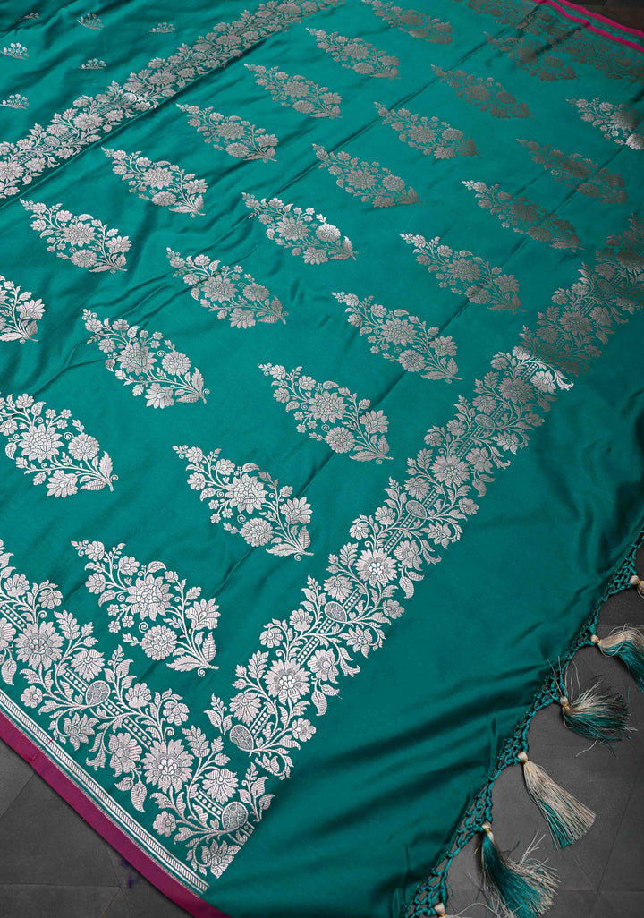 Rama Green  Banarasi Semi Mashru Silk Saree with Floral Zari Buttas and Zari border