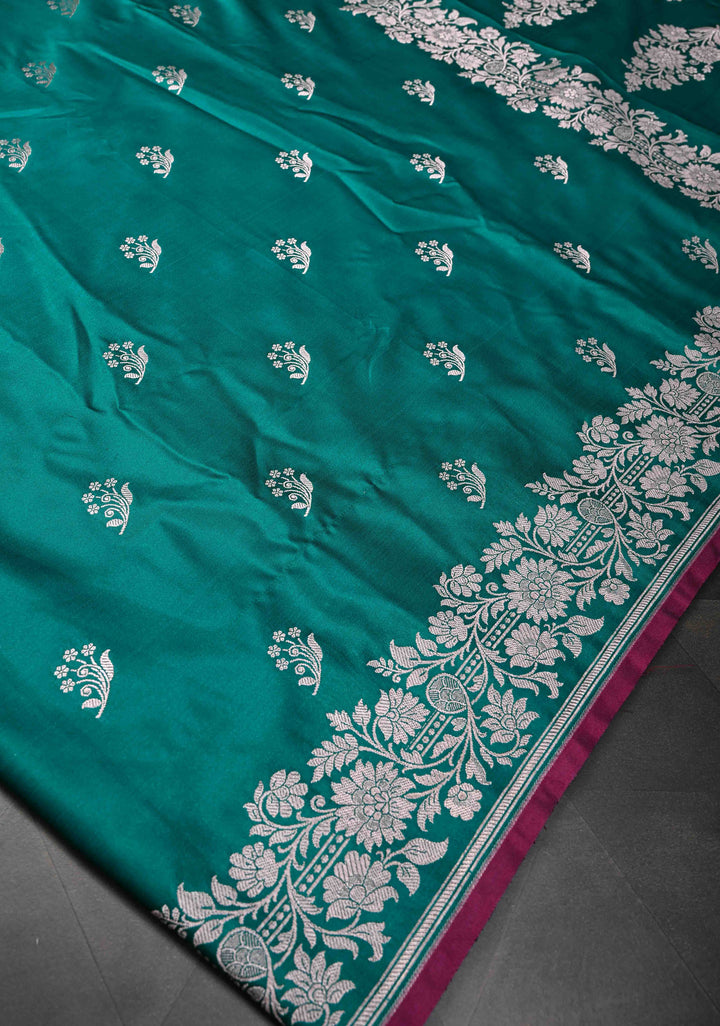 Rama Green  Banarasi Semi Mashru Silk Saree with Floral Zari Buttas and Zari border