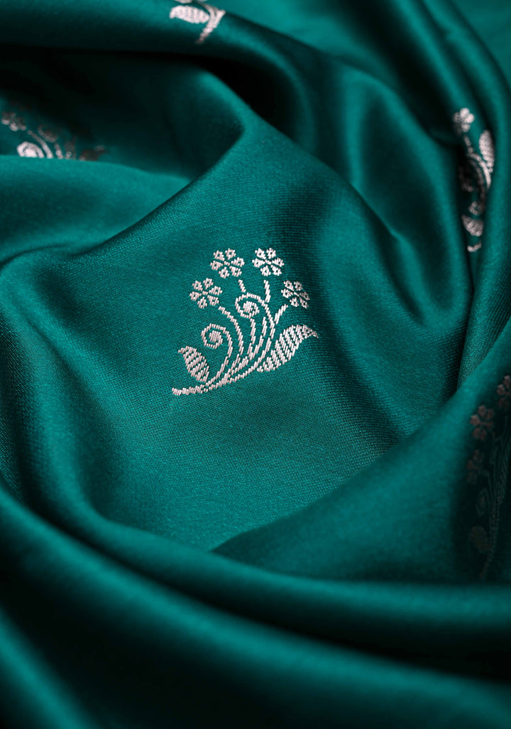 Rama Green  Banarasi Semi Mashru Silk Saree with Floral Zari Buttas and Zari border