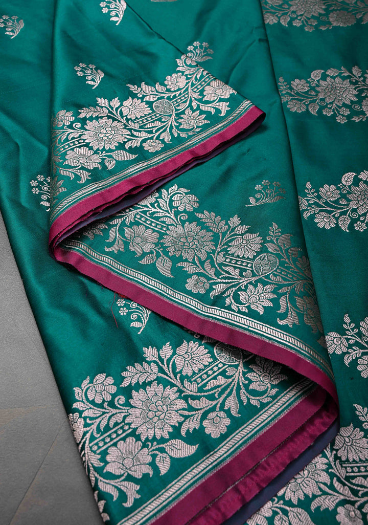 Rama Green  Banarasi Semi Mashru Silk Saree with Floral Zari Buttas and Zari border