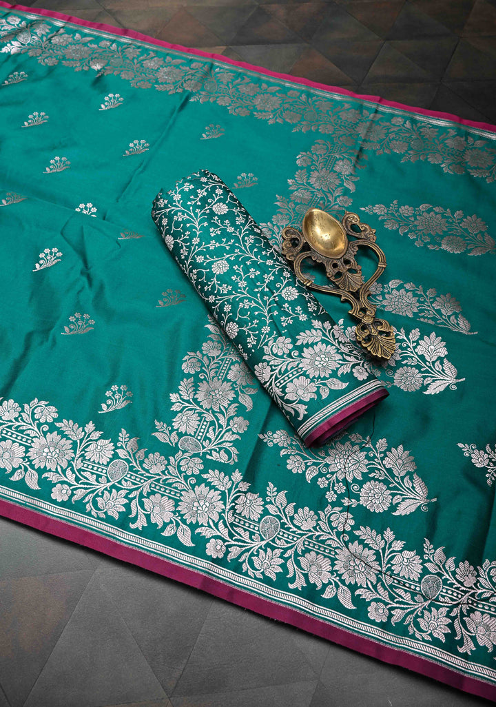 Rama Green  Banarasi Semi Mashru Silk Saree with Floral Zari Buttas and Zari border