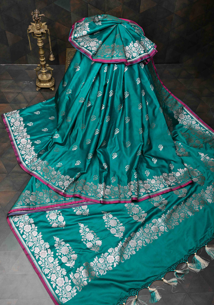 Rama Green  Banarasi Semi Mashru Silk Saree with Floral Zari Buttas and Zari border