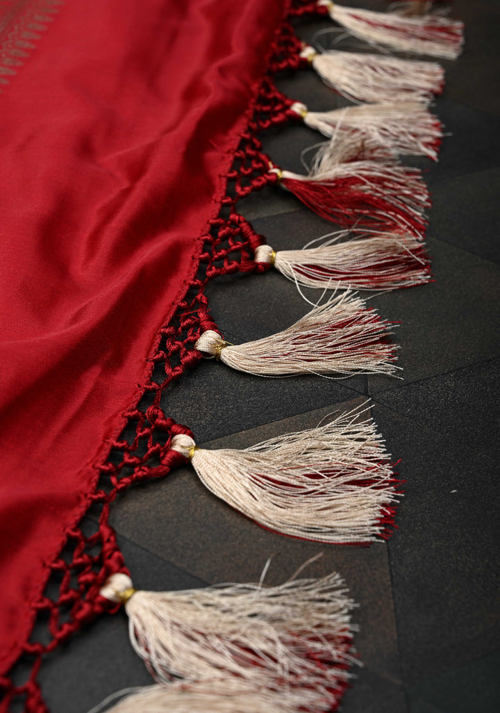 Blood Red Banarasi Semi Mashru Silk Saree with Floral Jaal and Zari Border