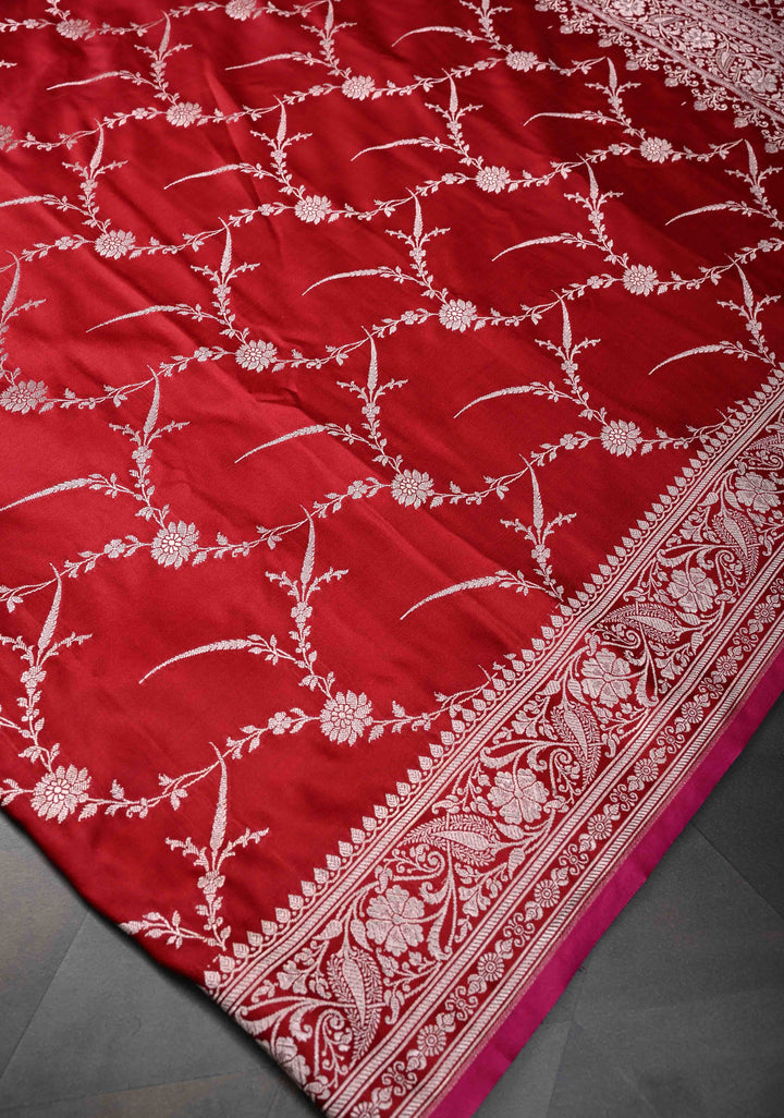 Blood Red Banarasi Semi Mashru Silk Saree with Floral Jaal and Zari Border