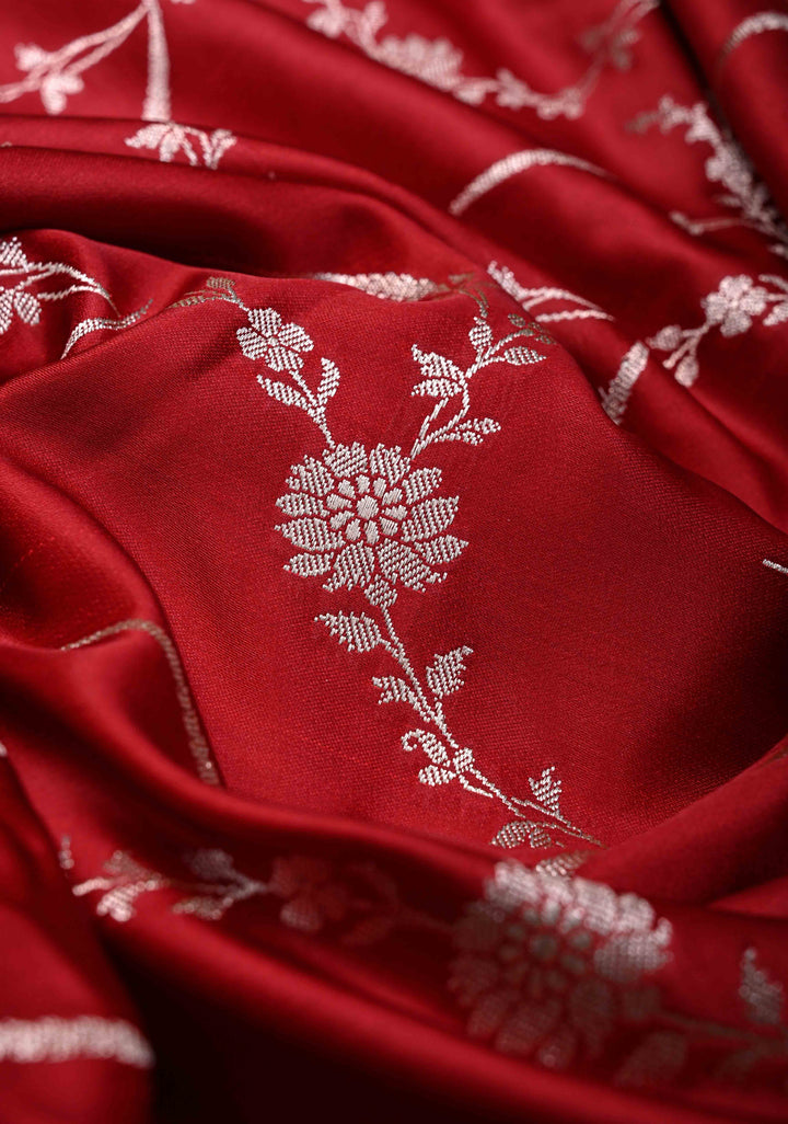 Blood Red Banarasi Semi Mashru Silk Saree with Floral Jaal and Zari Border