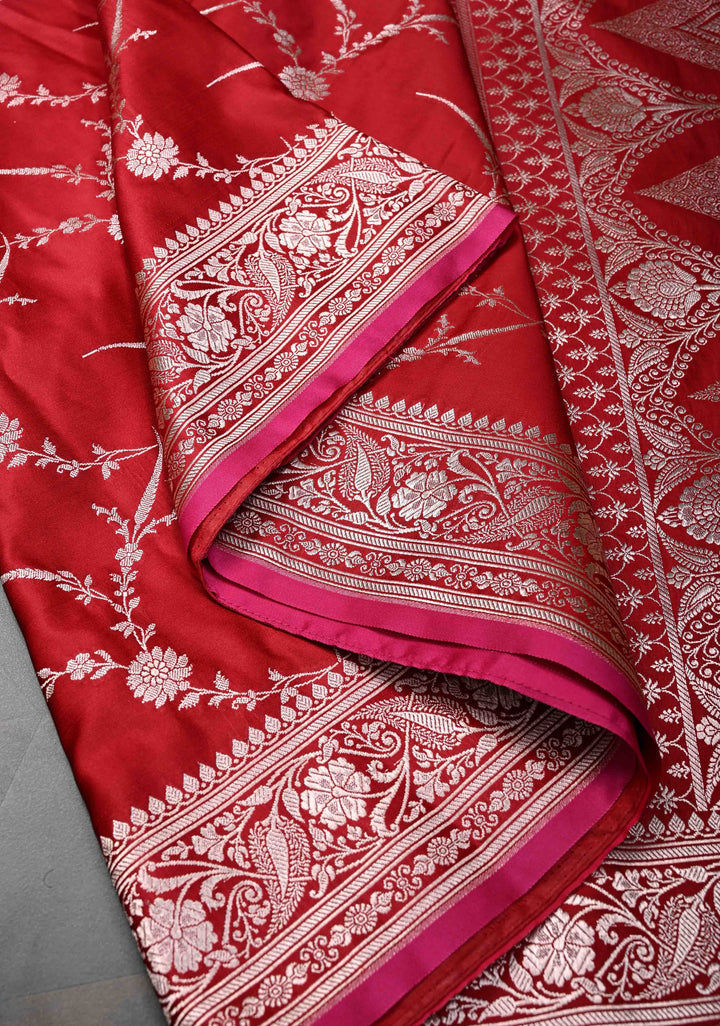 Blood Red Banarasi Semi Mashru Silk Saree with Floral Jaal and Zari Border