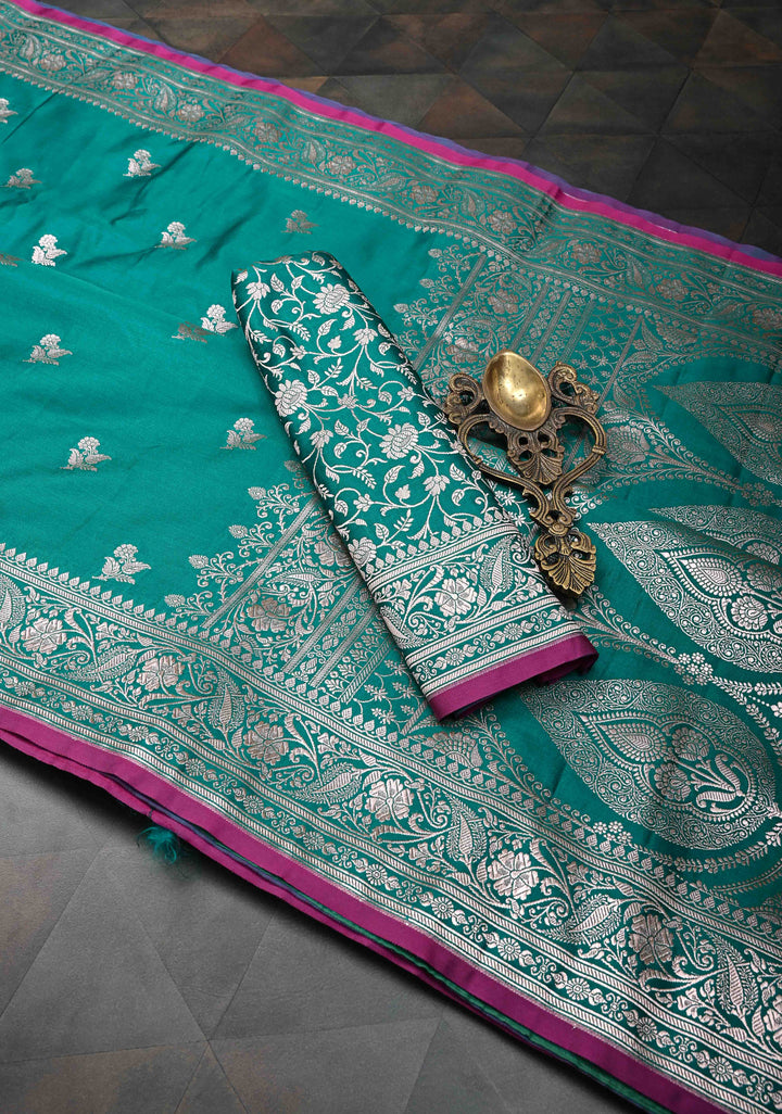 Jungle Green Banarasi Semi Mashru Silk Saree with Floral Buttas and Zari Border