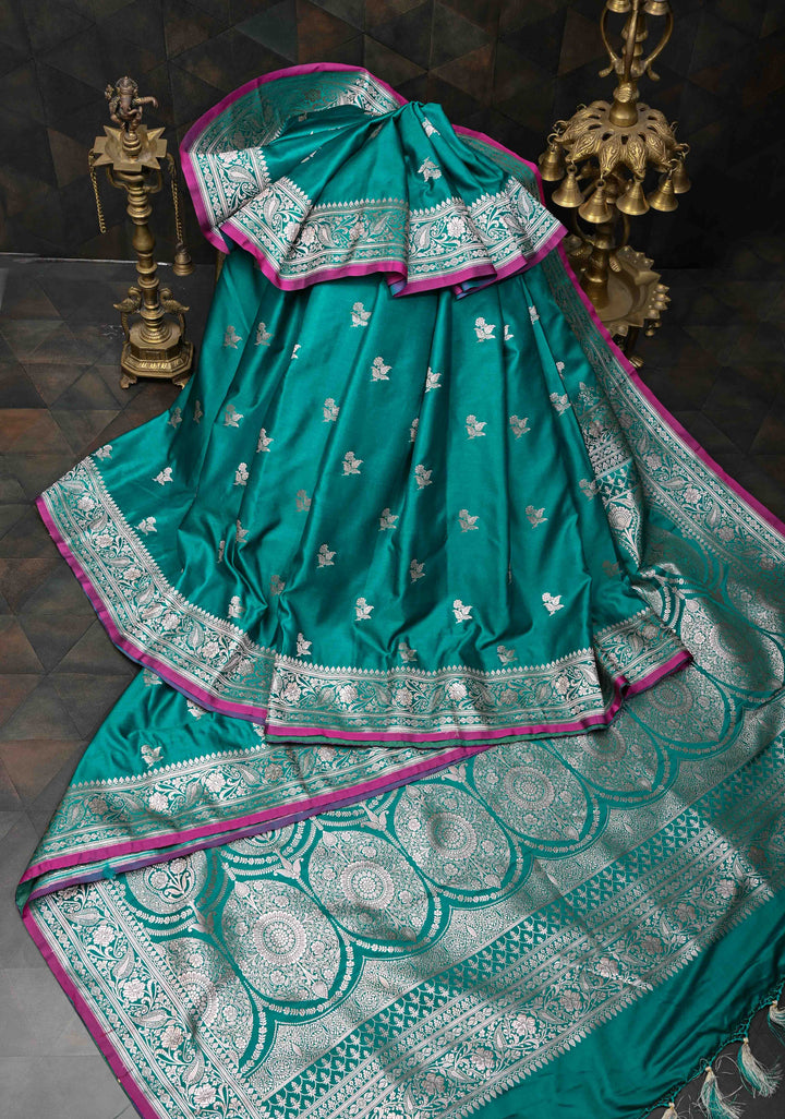 Jungle Green Banarasi Semi Mashru Silk Saree with Floral Buttas and Zari Border