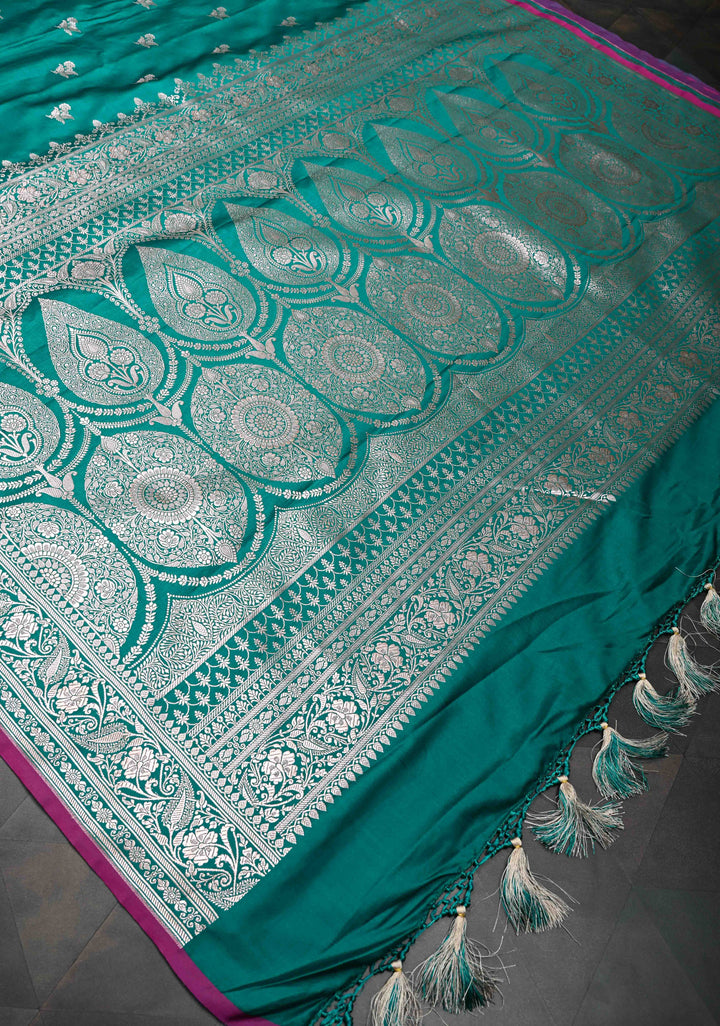 Jungle Green Banarasi Semi Mashru Silk Saree with Floral Buttas and Zari Border