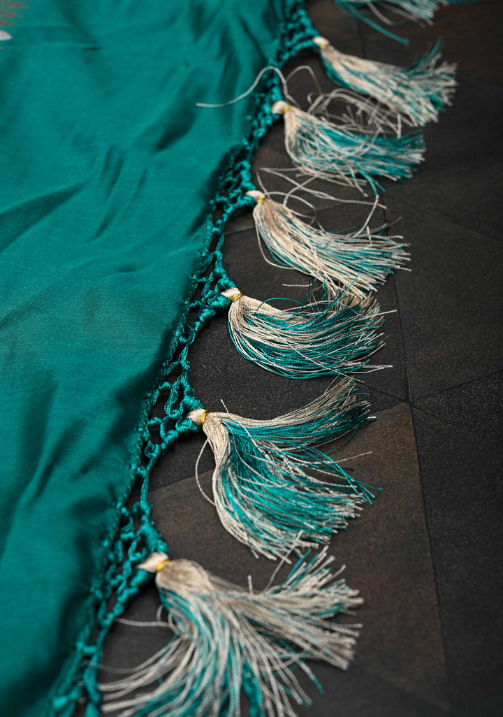 Jungle Green Banarasi Semi Mashru Silk Saree with Floral Buttas and Zari Border