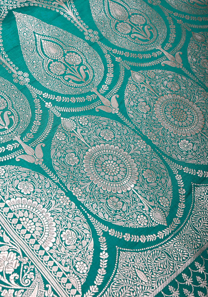 Jungle Green Banarasi Semi Mashru Silk Saree with Floral Buttas and Zari Border