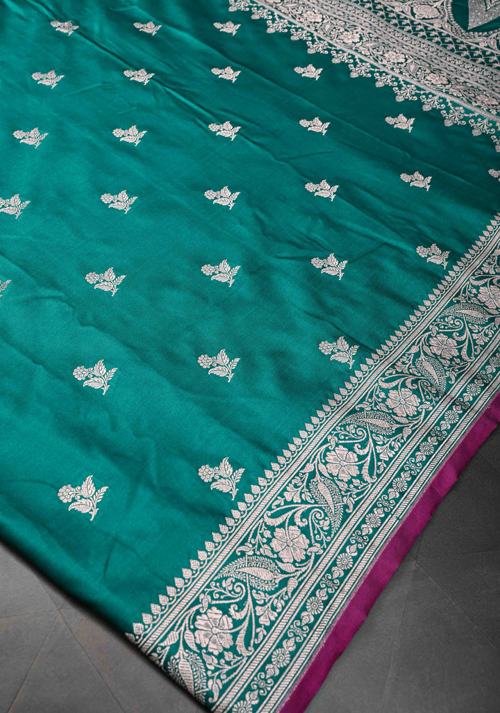 Jungle Green Banarasi Semi Mashru Silk Saree with Floral Buttas and Zari Border