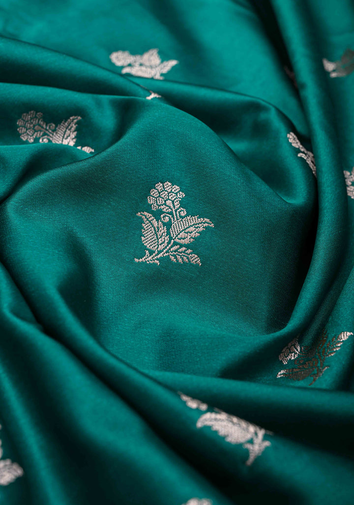 Jungle Green Banarasi Semi Mashru Silk Saree with Floral Buttas and Zari Border