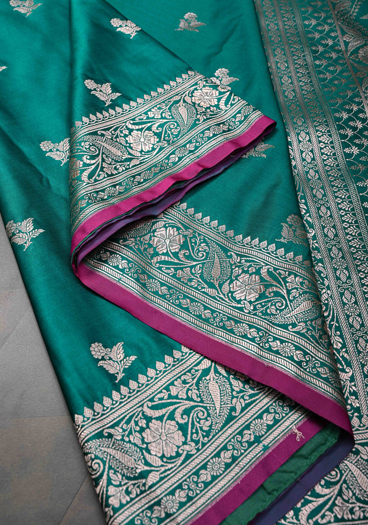 Jungle Green Banarasi Semi Mashru Silk Saree with Floral Buttas and Zari Border