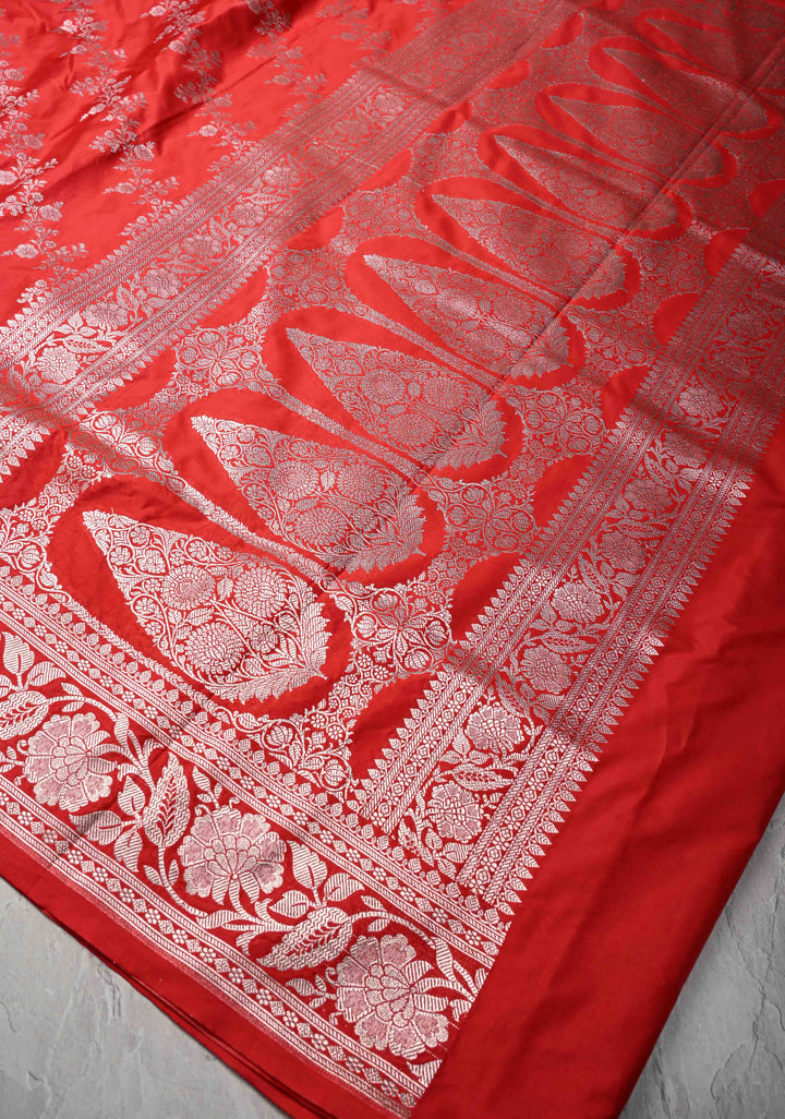 Red Banarasi Semi Mashru Silk Saree with Floral Leheria Design and Zari Border