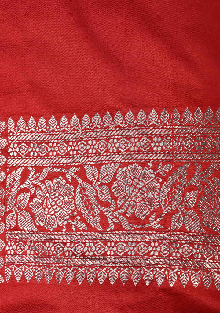 Red Banarasi Semi Mashru Silk Saree with Floral Leheria Design and Zari Border