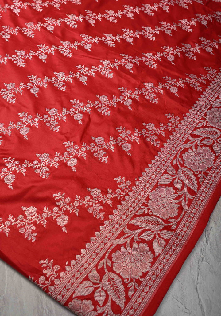 Red Banarasi Semi Mashru Silk Saree with Floral Leheria Design and Zari Border