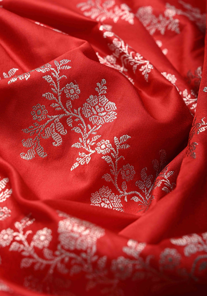 Red Banarasi Semi Mashru Silk Saree with Floral Leheria Design and Zari Border