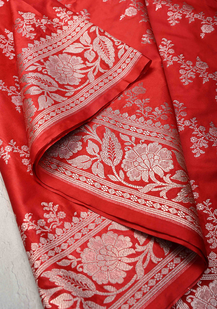 Red Banarasi Semi Mashru Silk Saree with Floral Leheria Design and Zari Border