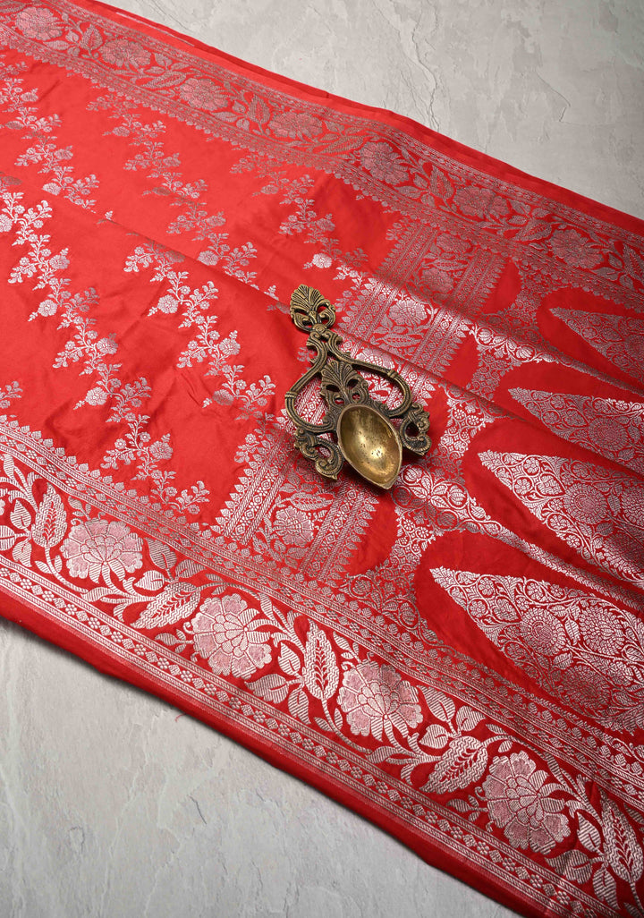 Red Banarasi Semi Mashru Silk Saree with Floral Leheria Design and Zari Border