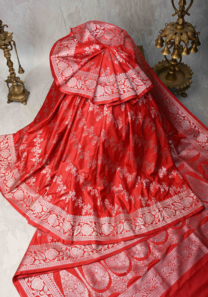 Red Banarasi Semi Mashru Silk Saree with Floral Leheria Design and Zari Border