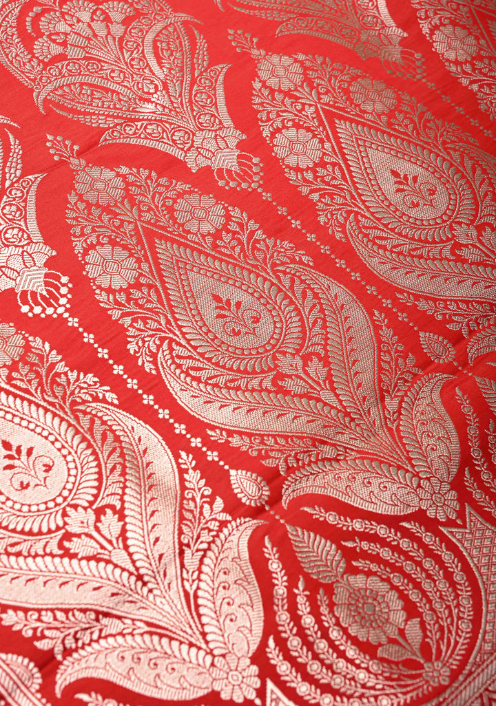 Red Banarasi Semi Mashru Silk Saree with Floral Zari Butta and Vine floral Zari Border