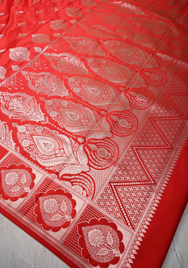 Red Banarasi Semi Mashru Silk Saree with Floral Zari Butta and Vine floral Zari Border
