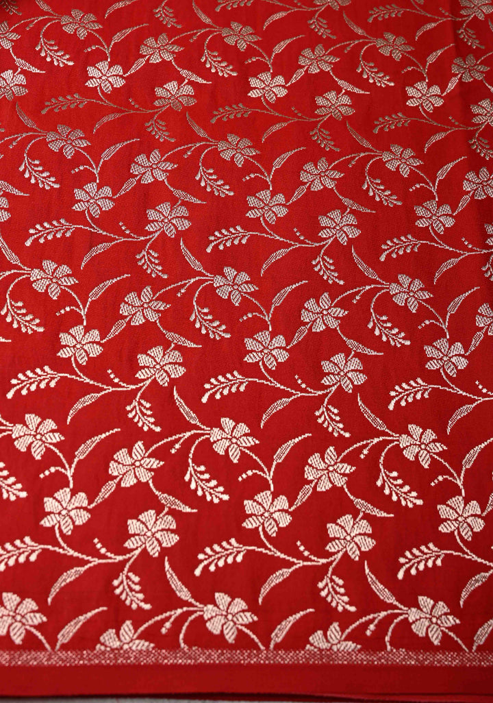Red Banarasi Semi Mashru Silk Saree with Floral Zari Butta and Vine floral Zari Border