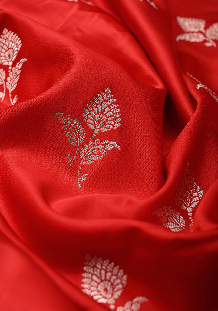 Red Banarasi Semi Mashru Silk Saree with Floral Zari Butta and Vine floral Zari Border