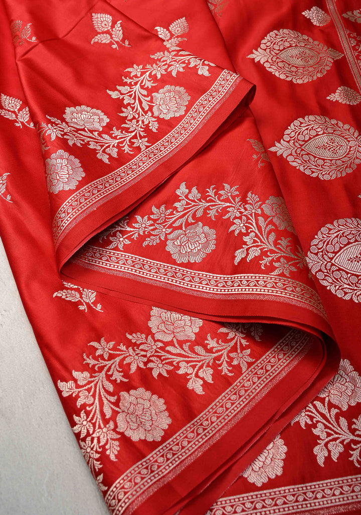 Red Banarasi Semi Mashru Silk Saree with Floral Zari Butta and Vine floral Zari Border