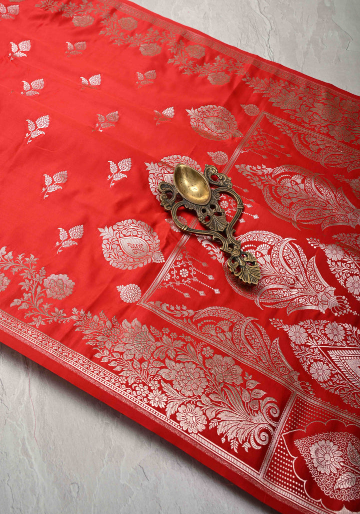 Red Banarasi Semi Mashru Silk Saree with Floral Zari Butta and Vine floral Zari Border